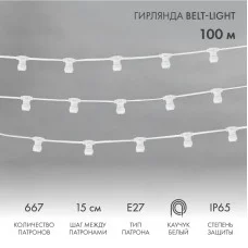 Гирлянда Belt-Light 2 жилы, 100м, шаг 15см, 667 патронов E27, IP65, белый провод NEON-NIGHT