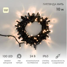 Гирлянда светодиодная Нить 10м 100 LED ТЕПЛЫЙ БЕЛЫЙ черный ПВХ IP65 эффект мерцания 24В соединяется NEON-NIGHT нужен трансформатор 531-100/531-200